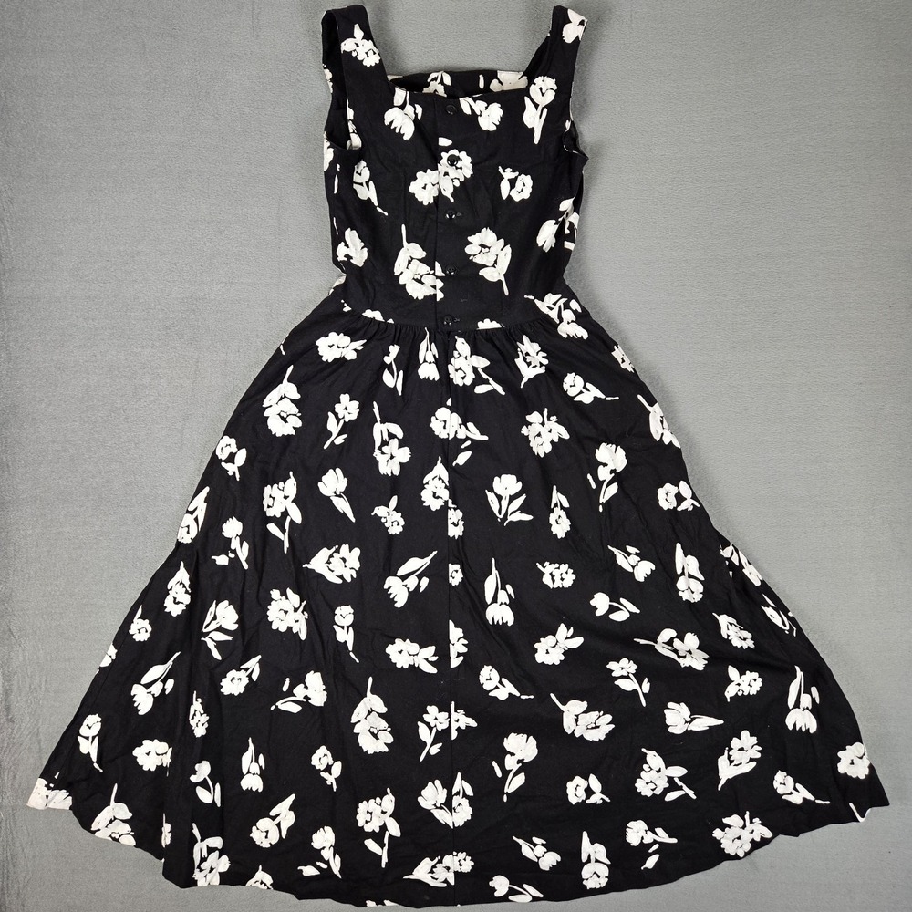 Vintage Lang Originals Pinup Dress Womens 6 Black White Floral Made‎ in USA  70s